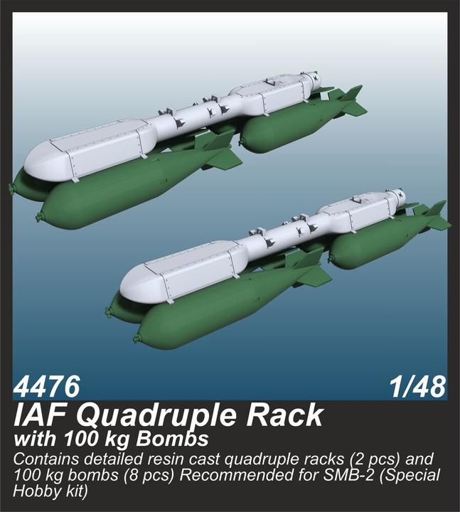 Actual product image CMK IAF Quadruple Rack with 100 kg Bombs (2 pcs.) / for SMB-2, Sa'ar and Mirage III kits