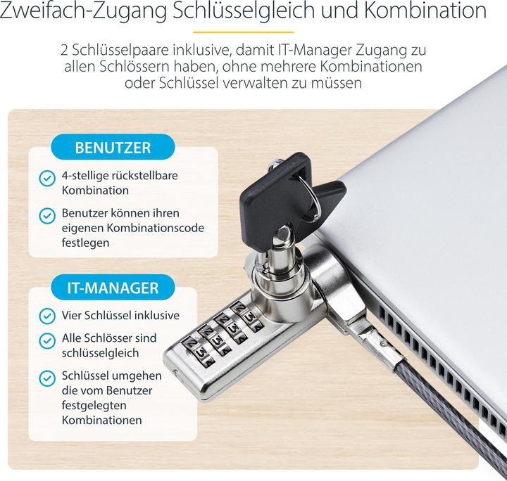 Productafbeelding StarTech COM 10-pak dubbele toegang laptopslot 2m kabelslot met sleutel en cijferslot K-S