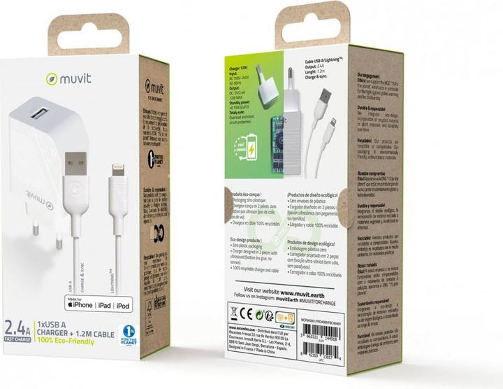 Actual product image Muvit For Change Pack Chargeur Secteur 12w+Cable Lightning 1.2m Blanc (12 W, 1 portion)