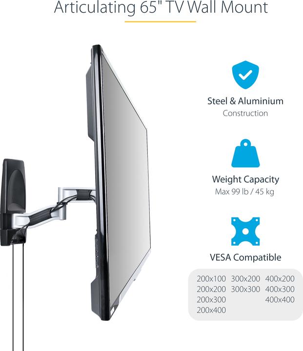 Produktbild StarTech COM Articulating TV Wall Mount VESA Wall Mount TV Bracket for 65 inch/99lb/Curved TVs Corne (Wand, 45 kg, 26" - 65")