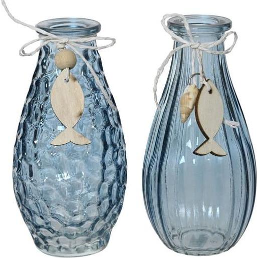 Decoris, Vase, Glasvase - strukturiert - mit Fischanhänger - ca. Ø 6,6 x 14 cm - blau - 1 Stück (1 x)