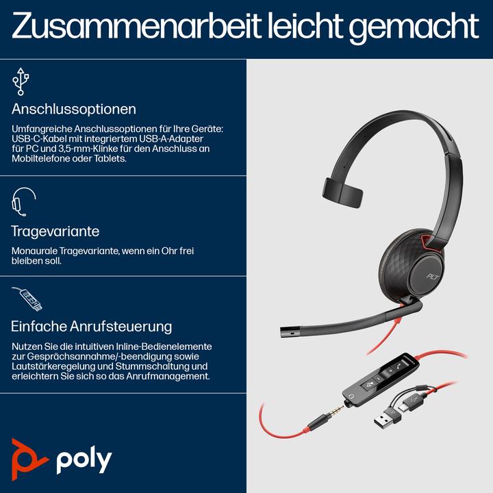 Produktbild HP Poly Blackwire 5210 + 3,5-mm-Stecker + USB-C/A-Adapter (Kabelgebunden, USB-C, Microsoft Teams)