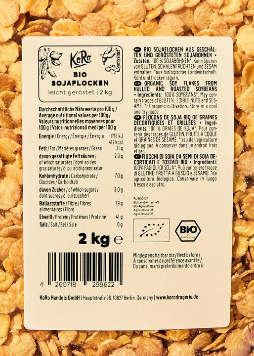 Nutritional values and ingredients KoRo Organic soya flakes made from hulled and roasted soya beans (2000 g)