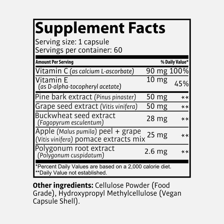 Valori nutrizionali e ingredienti Tasnim OPC ESL - Salute delle cellule + Vitamina C - 60 capsule (60 Pezzo/i, Pillole, 25 g)