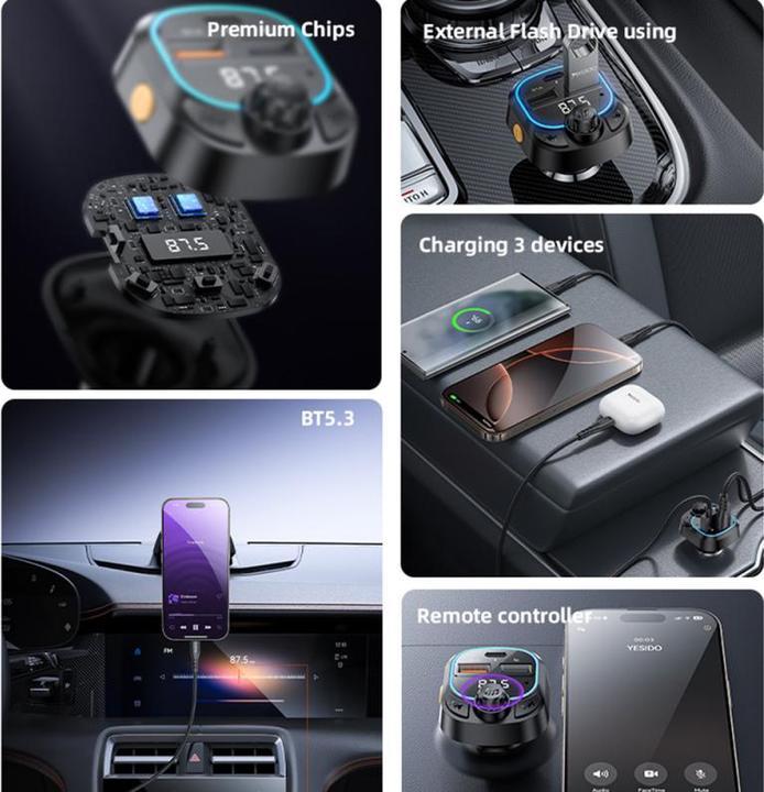 Produktbild Yesido Bluetooth & FM Transmitter Autoladegerät 2x USB-A/1x USB-C - Schwarz