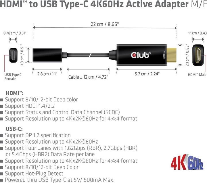 Actual product image Club 3D HDMI (Typ A) — USB C (USB-C, 22 cm)