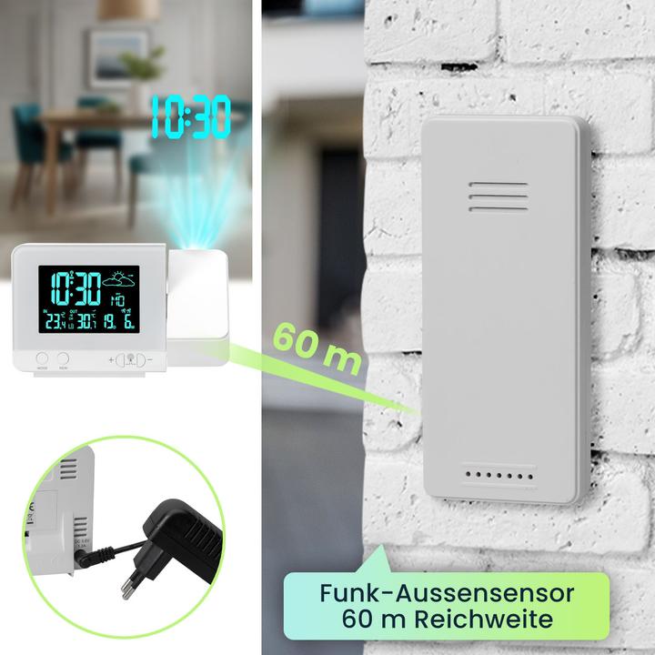 Produktbild Casativo Projektions-Wecker mit Funk-Wetterstation, USB-Port, Aussensensor