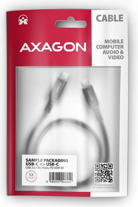 Actual product image Axagon BUCM-CM30AB USB-C to USB-C 2.0 cable, 3 m, PD 60W, 3A, braided - black (3 m, USB 2.0, 60 W)