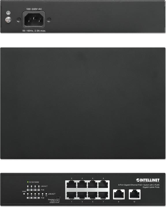 Actual product image Intellinet 8-Port Gigabit Ethernet PoE+ Switch with 2 RJ45 Gigabit Uplink Ports (8 ports)