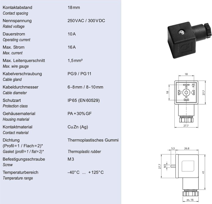 Actual product image Kalitec 5 Stück Ventilstecker Bauform A schwarz 3 polig I Kontaktfläche 27 x 27 mm² I PG9 I Kontaktt