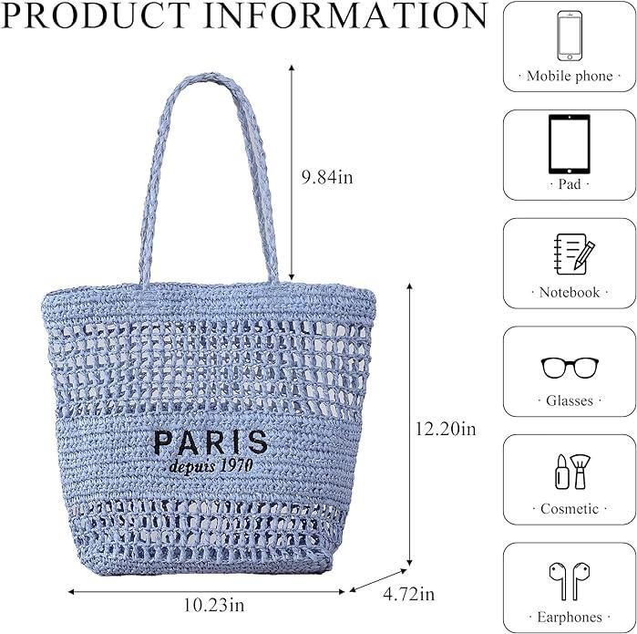 Produktbild Only-Bags.Store Ausgehöhlte Stroh gewebte Einkaufstasche, modische Stickerei-Buchstaben-Umhängetasche, Strandtasche