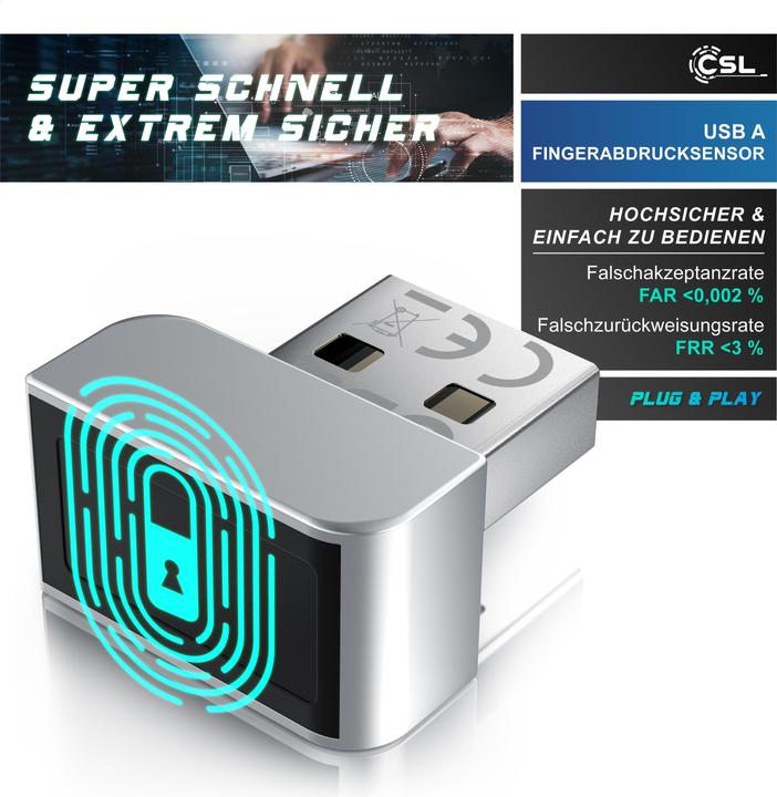 Produktbild CSL Fingerabdrucksensor, bis zu 10 IDs, biometrische Authentifizierung, Windows 11, Plug & Play, USB-A