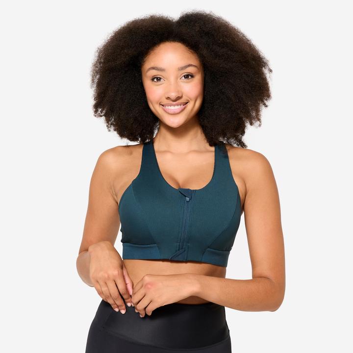 Decathlon Sport-BH Damen Reissverschluss gerippt mittlerer Halt - türkis