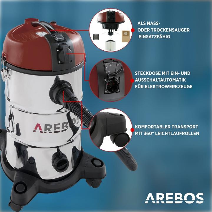 Image du produit Arebos Aspirateur industriel 5IN1 - 30 L rouge (Aspirateur eau et poussière)