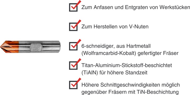 Produktbild Paulimot VHM-Fasenfräser 90° Ø 12,0 mm mit TiAlN-Beschichtung, 6-schneidig