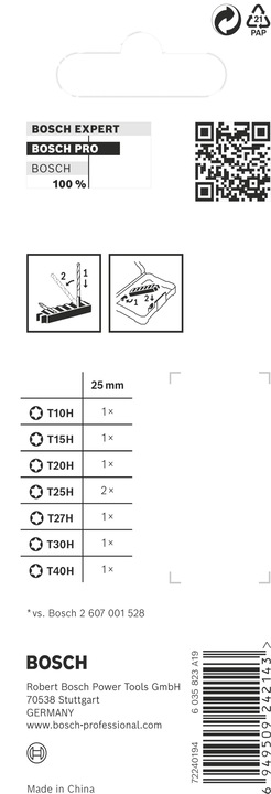 Nutritional values and ingredients Bosch Professional Zubehör PRO Torx Security Impact Bit, T10H, T15H, T20H, T25H(x2), T27H, T30H, T40H, 25 mm, 8 pcs. (T25x2, T27H, T40H, T10H, T20H, T15H, T30H)