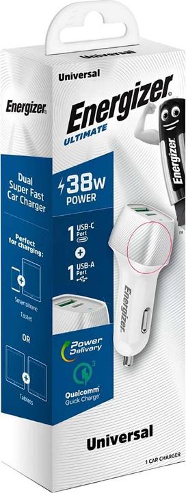 Actual product image Energizer Car Charger - Power Delivery & QC3 - 38W - 1 USB-C & 1 USB-A, silver