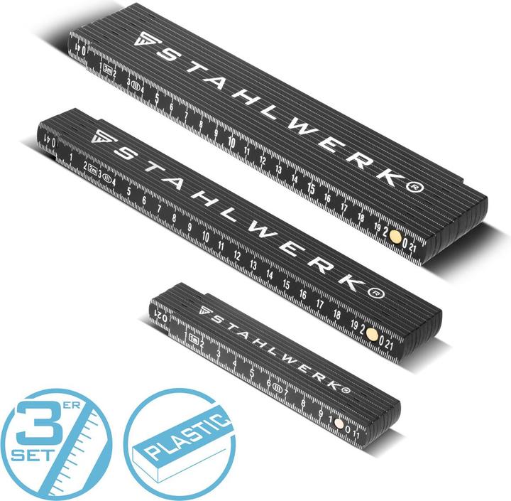 Stahlwerk Zollstock 3er Set 1 | 2 | 3 Meter präziser Kunststoff-Gliedermassstab (3 m)