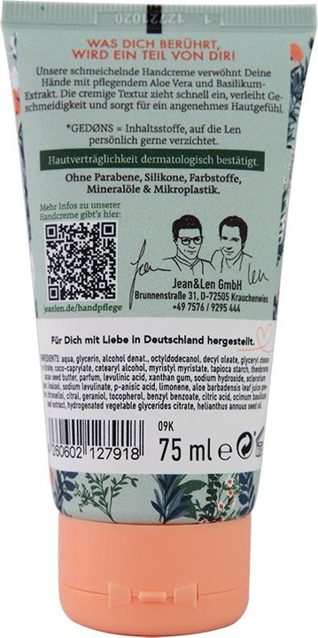 Actual product image Jean & Len Flattering Hand Cream Aloe Vera & Basil (75 ml)