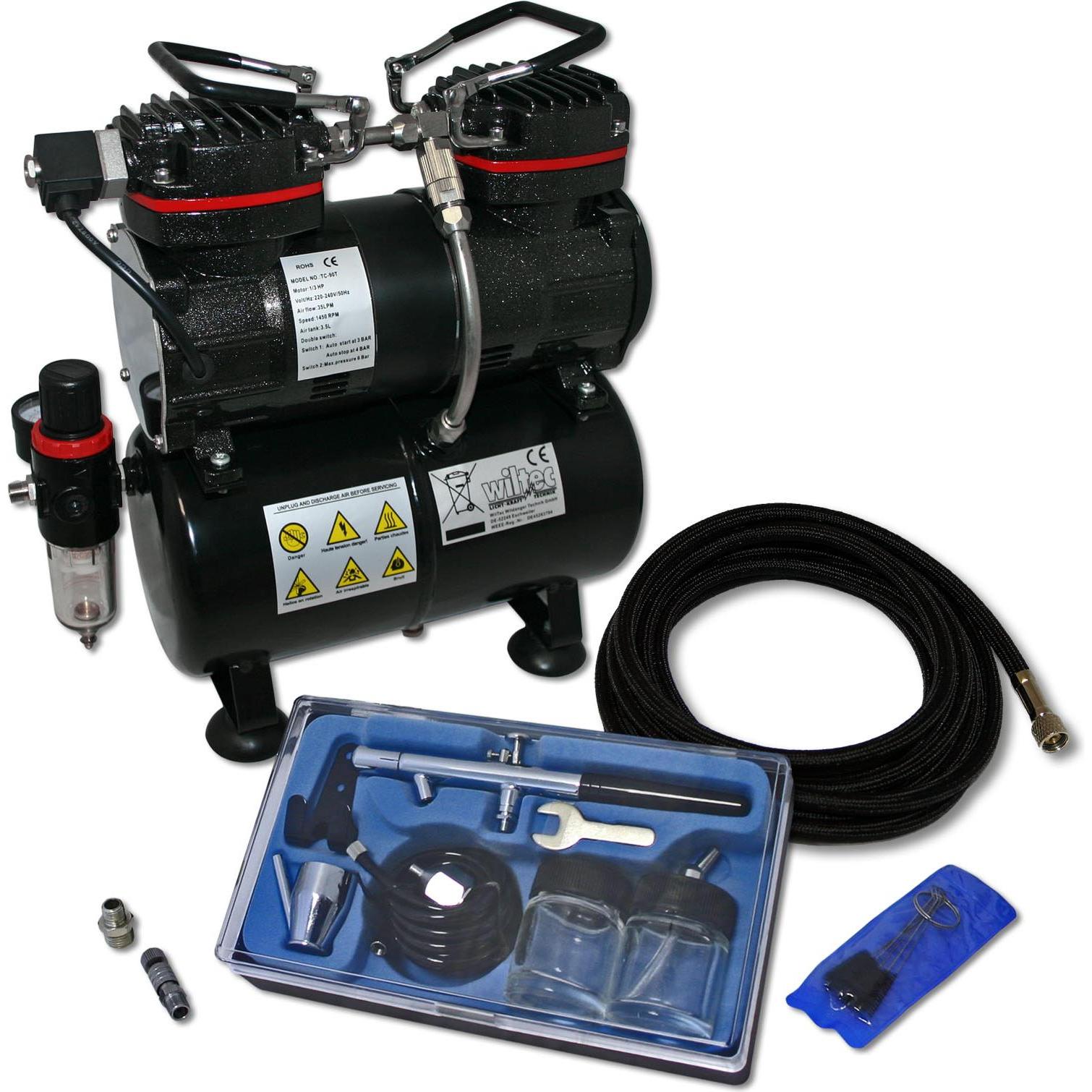 Wiltec Einsteiger Airbrush Kompressor Set AS196 Airbrushpistole DA128 Zubehör
