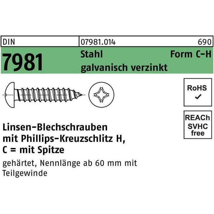 Schrauben, Blechschraube ISO 7049 LIKO m.Spitze/Kreuzschlitz-PH C3,5 x 25 -H Stahl gehärtet galvanisch verzinkt (100 Sch...