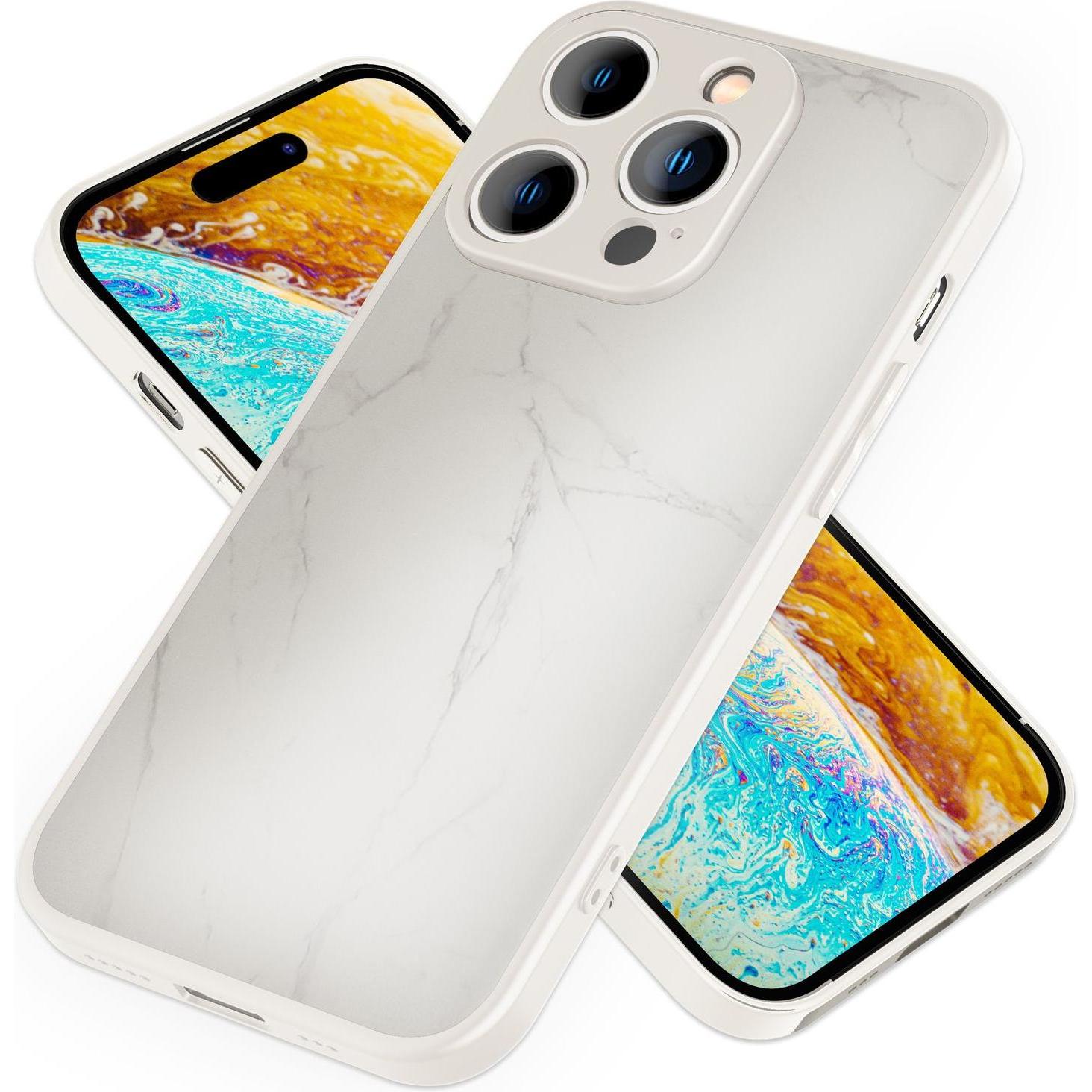 Nalia Hartglas Hülle Marmoroptik (Apple iPhone 14 Pro), Smartphone Hülle, Weiss