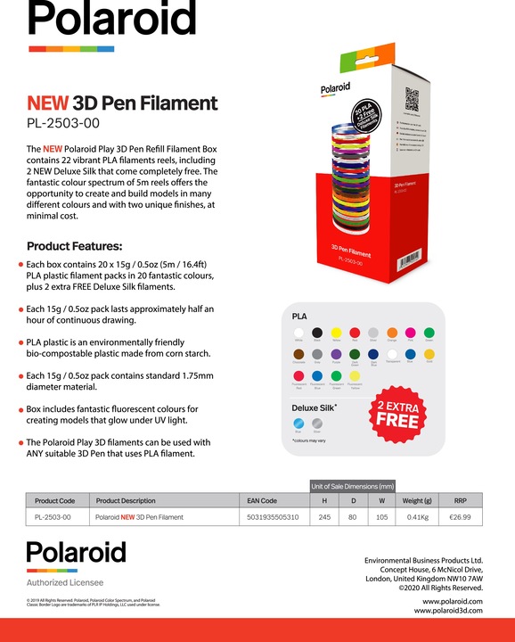 Actual product image Polaroid 3D Pen Box (PLA, 1.75 mm, 410 g, Multicoloured)