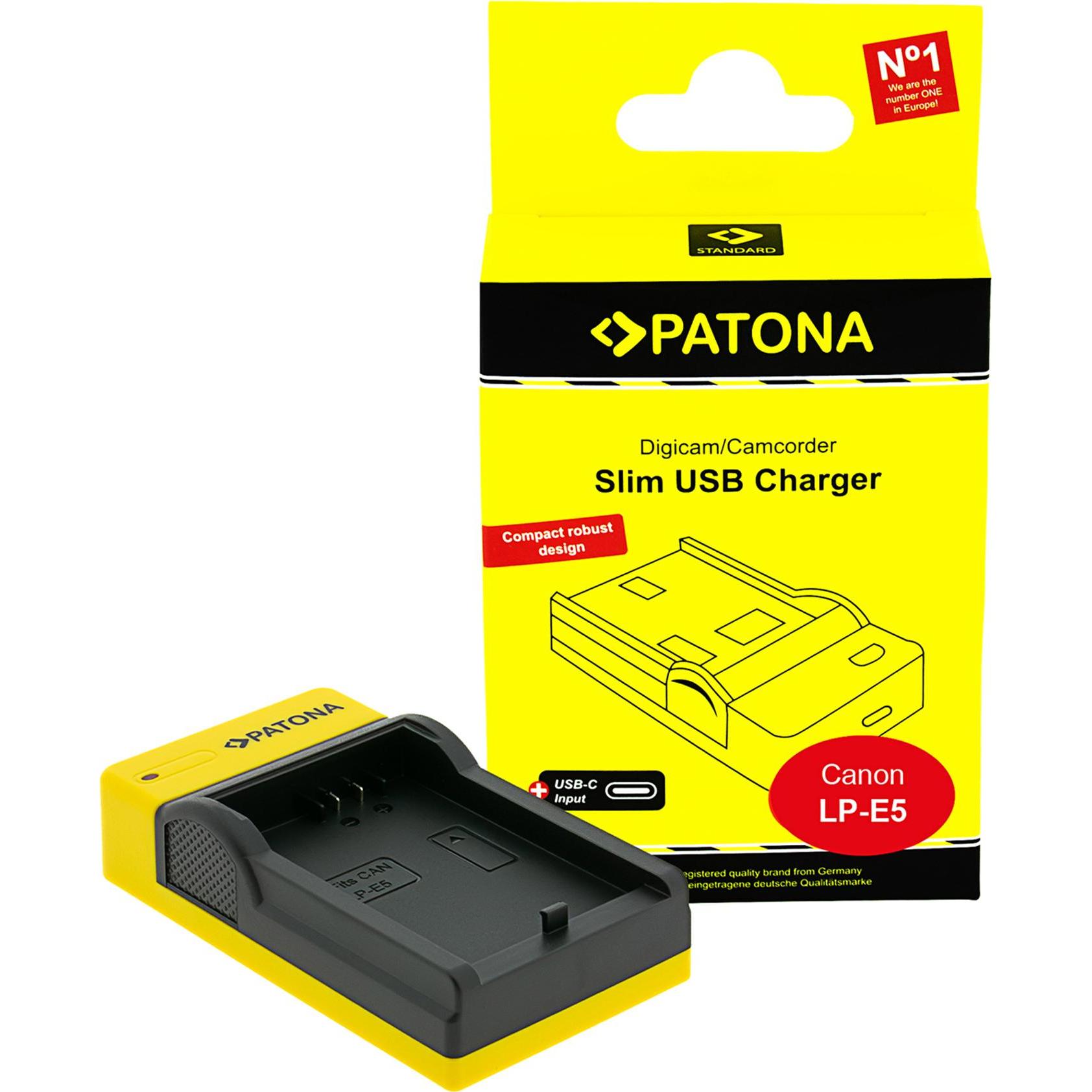 Patona Caricabatterie USB sottile con ingresso USB-C per Canon LP-E5, EOS 1000D, 450D e 500D (Caricabatterie per fotocamere), Alimentatore fotocamera