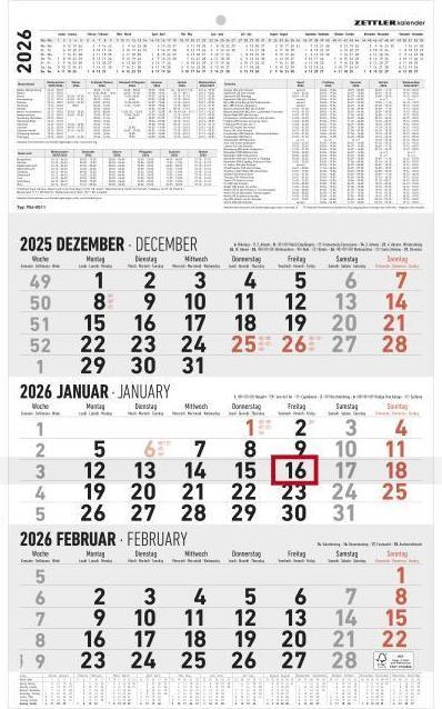 3-Monatskalender gross 2026 - Büro-Kalender 30x48,8 cm (geöffnet) - mit Datumsschieber - - (30 x 48 cm, Hardcover, French, English, German)