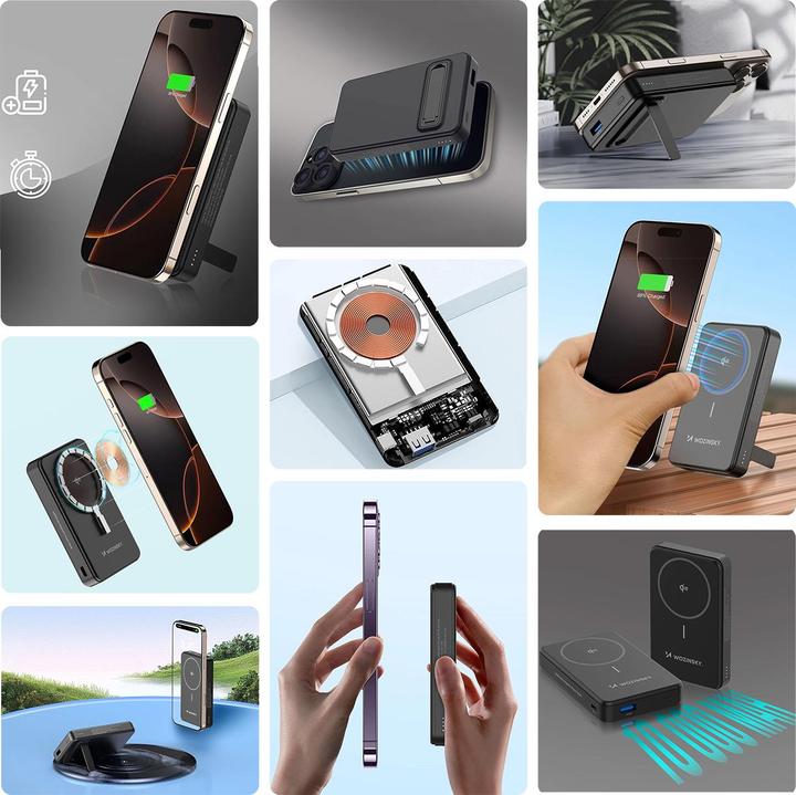 Produktbild Wozinsky Powerbank WLWP-10KA0Y3S 22,5W PD Qi2 10000 mAh, mit Ständer, 1x USB-A, 1x USB-C - schwarz (10000 mAh, 22.50 W, 37 Wh)