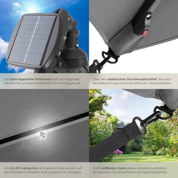 Produktbild tectake Sonnenschirm Sunna LED-Solar mit Kurbel 2,5 x 2,5 m (2.50 m)