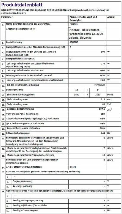 Produktbild Hisense TV 85U7NQ (85", Mini-LED, 4K, 2024)