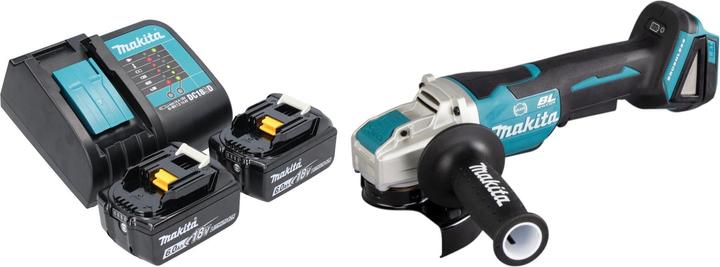 1x smerigliatrice angolare a batteria Makita DGA 520, 1x impugnatura laterale 36 cpl. (158237-4), 1x coperchio di protezione 125 mm (347618-9), 2x batteria Makita BL 1850 B 18 V 5.0 Ah, 1x caricabatterie Makita DC 18 SD