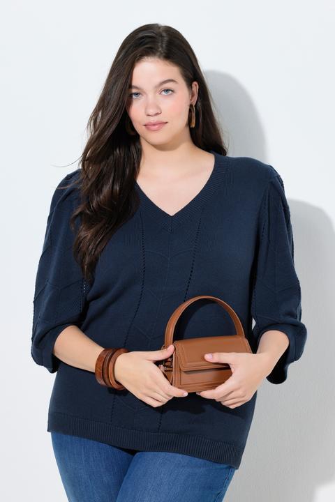Produktbild Ulla Popken Pullover, Ajourstrick, V-Ausschnitt, 3/4-Arm (56)