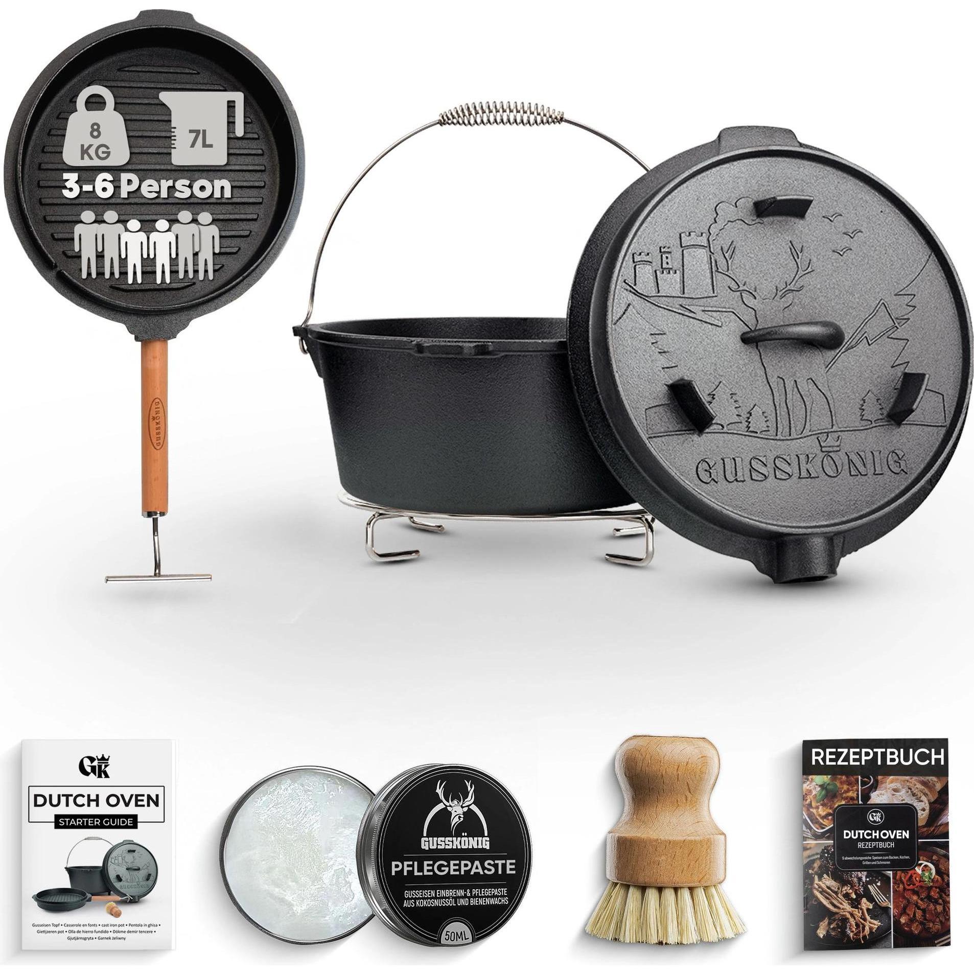Gusskönig, Utensile per BBQ, Eingebrannter Dutch Oven Set 7L ohne Füsse