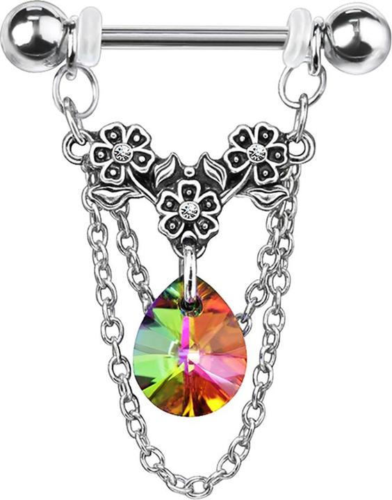 Immagine prodotto Star Piercing Barbell silber Blumen mit Kristall dunkel multicolor und Anhänger Kette (Ottone, Acciaio chirurgico 316L)