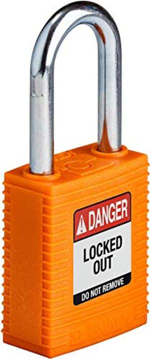 Actual product image Brady Safekey nylon safety lock with steel shackle, orange, 38 mm shackle height, 6.4 mm shackle diam