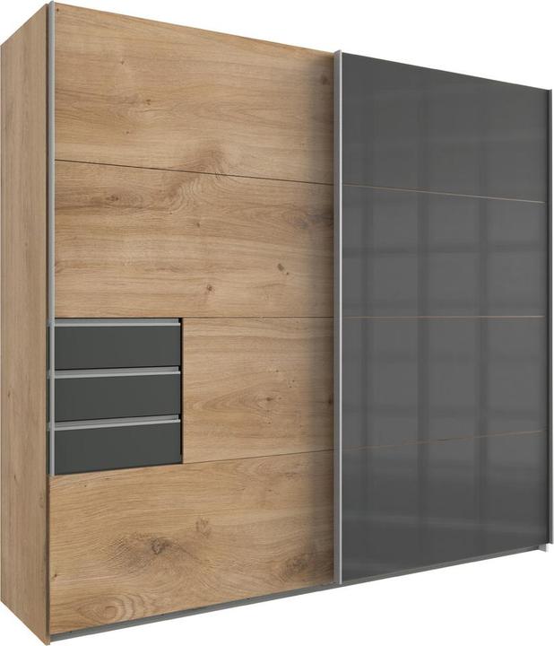 Continuous door front glass grey, Graphite drawers, Plank oak reproduction