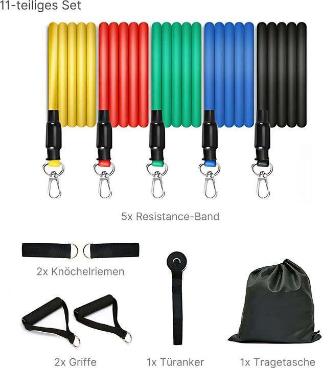 Produktbild Hermex 11-tlg. Set Resistance-Band Fitnessband Trainingsband Widerstandsband (1.34 m, Stark, Extra Stark, Mittel, Leicht)