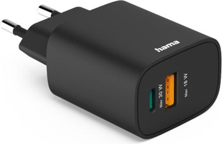 Produktbild Hama Schnellladegerät, 1x USB-A, 1x USB-C, PD, 30 W, Schwarz (30 W, 2 Ports)
