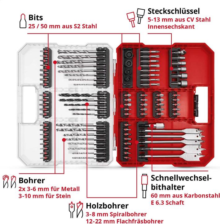 Actual product image Einhell 108788 95-piece drill and bit range