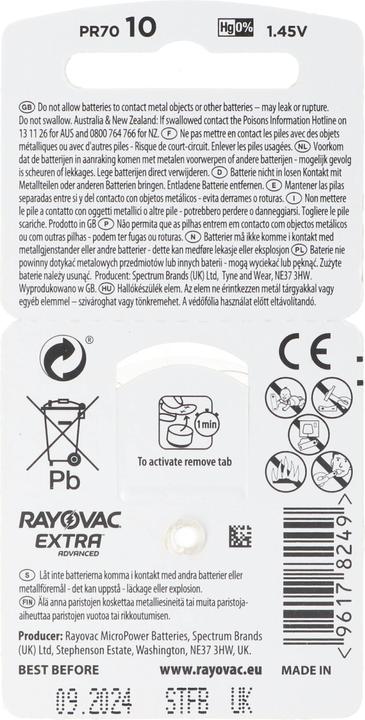 Actual product image Rayovac 10x 6 Stück Hörgerätebatterie Varta HA10, PR70, 4610 (6 pcs., PR70, 90 mAh)