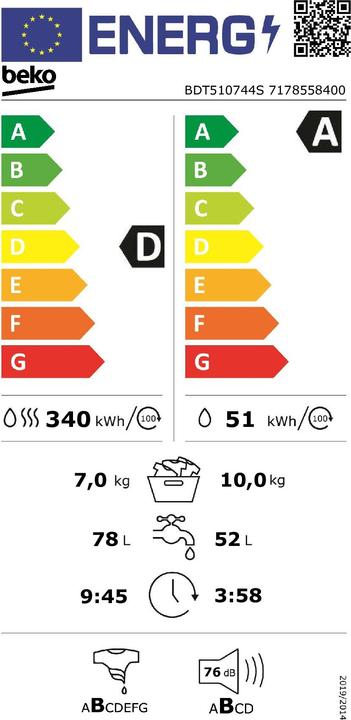 Energy Label Beko BDT510744S Washer Dryer Free Installation Front Loading