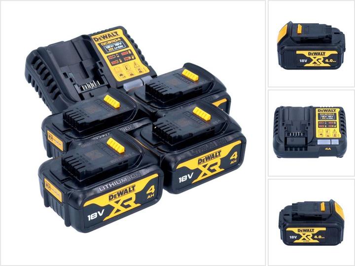 4x DeWalt DCB 182 18 V 4.0 Ah battery, 1x DeWalt DCB 1104 quick charger