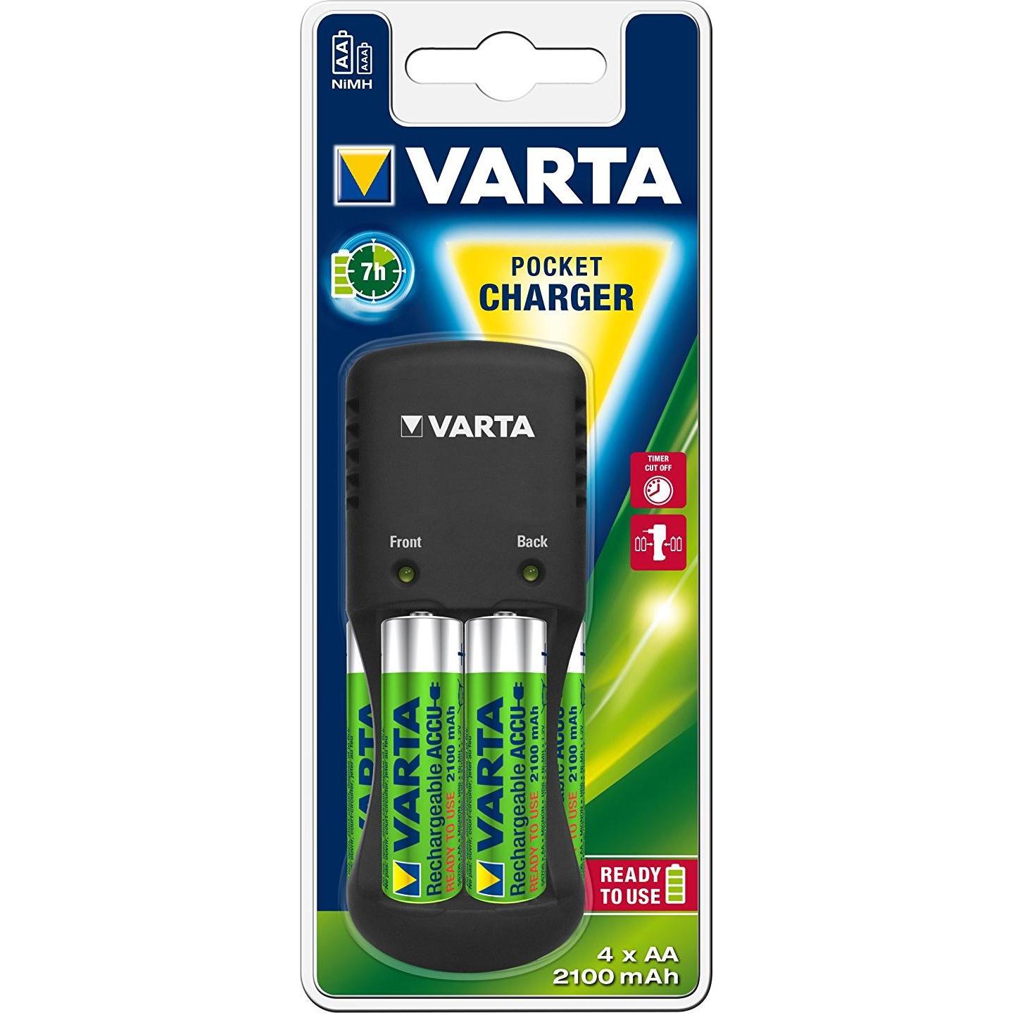 Varta Caricabatterie tascabile incl. 4x AA 2100mAh (4 pz., AA, 2100 mAh, Batteria + Caricabatterie), Caricabatterie
