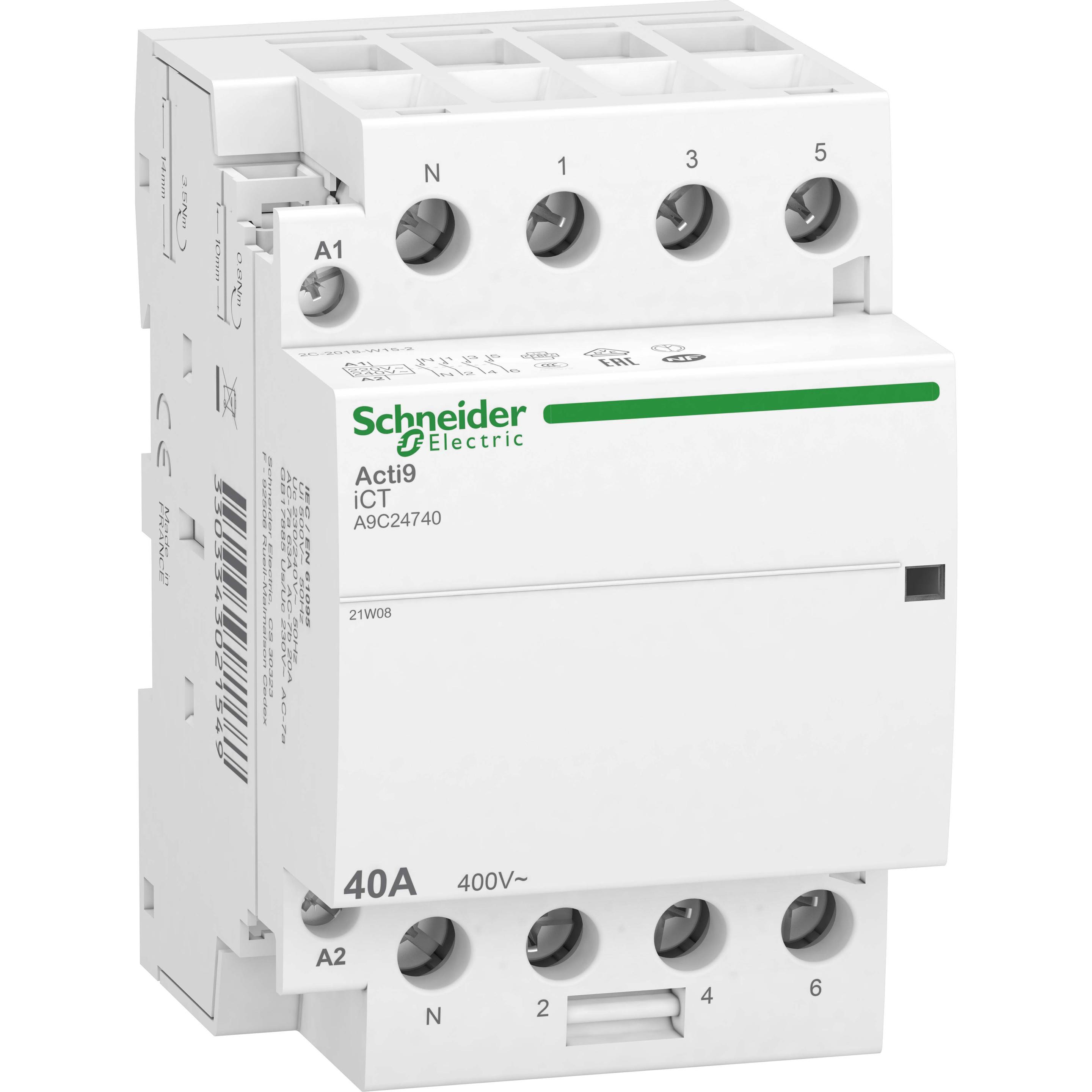Schneider Electric SE A9C24740 InstallationsschÃ¼tz iCT, 40A, 3P+N, 4-SchlieÃer Kontakte, 220/240V 5, Relais