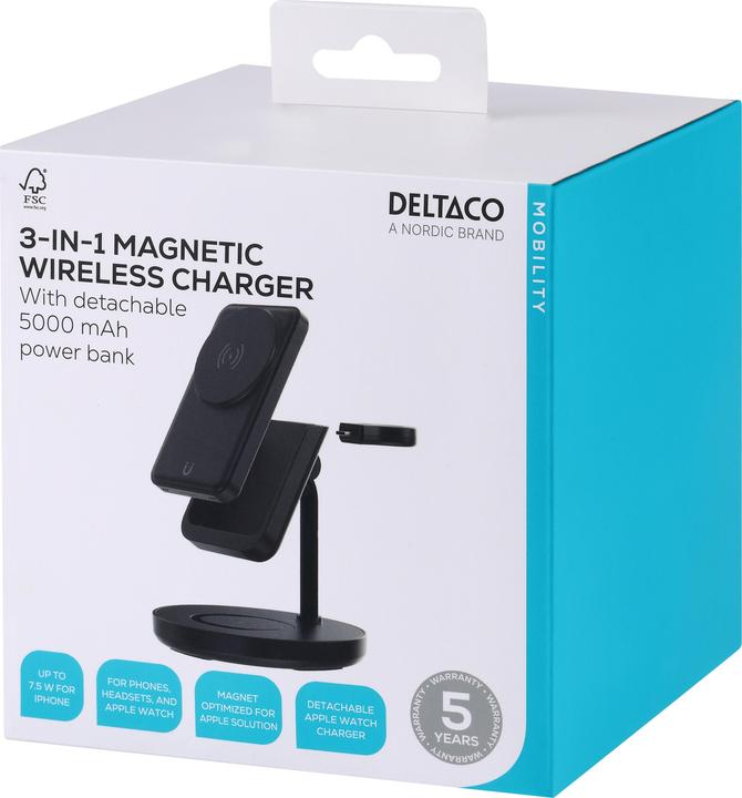 Productafbeelding Deltaco Magnetinis belaidis įkroviklis 3in1, nuimama išorinė baterija, skirtas iPhone/Apple (18 W)