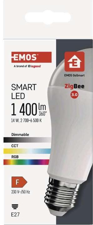 Actual product image Emos LED lamp GoSmart A65 / E27 / 14 W (94 W) / 1 400 lm / RGB / dimmable / Zigbee (E27, 1400 lm, 1x)
