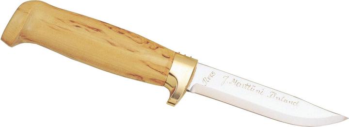 Actual product image Marttiini Outdoor knife, stainless, blade 11 cm, birch wood, finger guard, leather sheath. (11 cm)