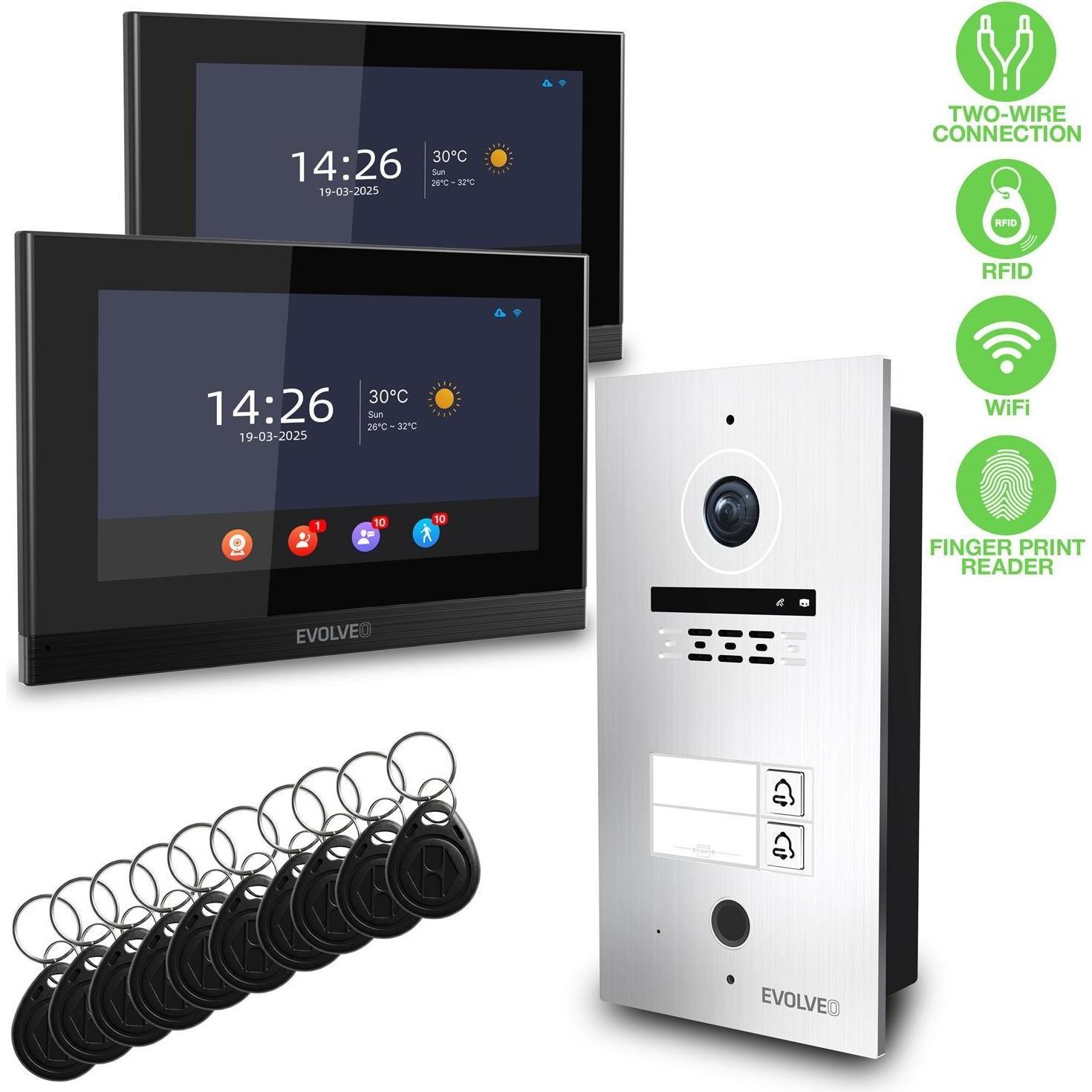 Evolveo, Campanello + Citofono, DoorPhone ID-2, 2drátový videotelefon pro dva byty s RFID, otiskem prstu a podporou ONVIF ka (Cablato, RFID)